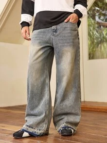 Whitmere Men's Retro Loose Wide-Leg Jeans, Distressed Frayed Hem, Casual Street Style Suitable For All Seasons - Mustard Yellow - View 5