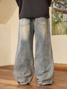 Whitmere Men's Retro Loose Wide-Leg Jeans, Distressed Frayed Hem, Casual Street Style Suitable For All Seasons - Mustard Yellow - View 2