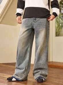 Whitmere Men's Retro Loose Wide-Leg Jeans, Distressed Frayed Hem, Casual Street Style Suitable For All Seasons - Mustard Yellow - View 4