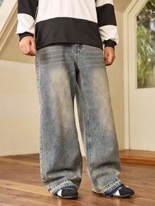 Whitmere Men's Retro Loose Wide-Leg Jeans, Distressed Frayed Hem, Casual Street Style Suitable For All Seasons - Mustard Yellow - View 6