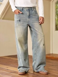Whitmere Vintage Washed Mustard Loose Straight Leg Jeans, American Street Fashion Embroidered Casual Wide Leg Pants, Versatile All Season - Mustard Yellow - View 4