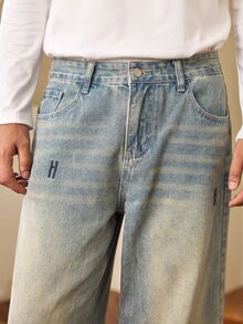 Whitmere Vintage Washed Mustard Loose Straight Leg Jeans, American Street Fashion Embroidered Casual Wide Leg Pants, Versatile All Season - Mustard Yellow - View 7