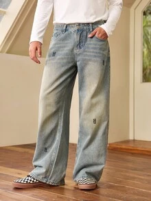 Whitmere Vintage Washed Mustard Loose Straight Leg Jeans, American Street Fashion Embroidered Casual Wide Leg Pants, Versatile All Season - Mustard Yellow - View 1