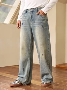 Whitmere Vintage Washed Mustard Loose Straight Leg Jeans, American Street Fashion Embroidered Casual Wide Leg Pants, Versatile All Season - Mustard Yellow - View 5