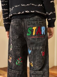 Whitmere American Street Style Men Jeans, Back Pocket Embroidery Vintage Multi-Pocket Loose Wide Leg Pants, All Season Wear (No Belt & Accessories) - Grey - View 9