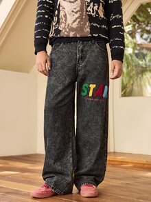 Whitmere American Street Style Men Jeans, Back Pocket Embroidery Vintage Multi-Pocket Loose Wide Leg Pants, All Season Wear (No Belt & Accessories) - Grey - View 4