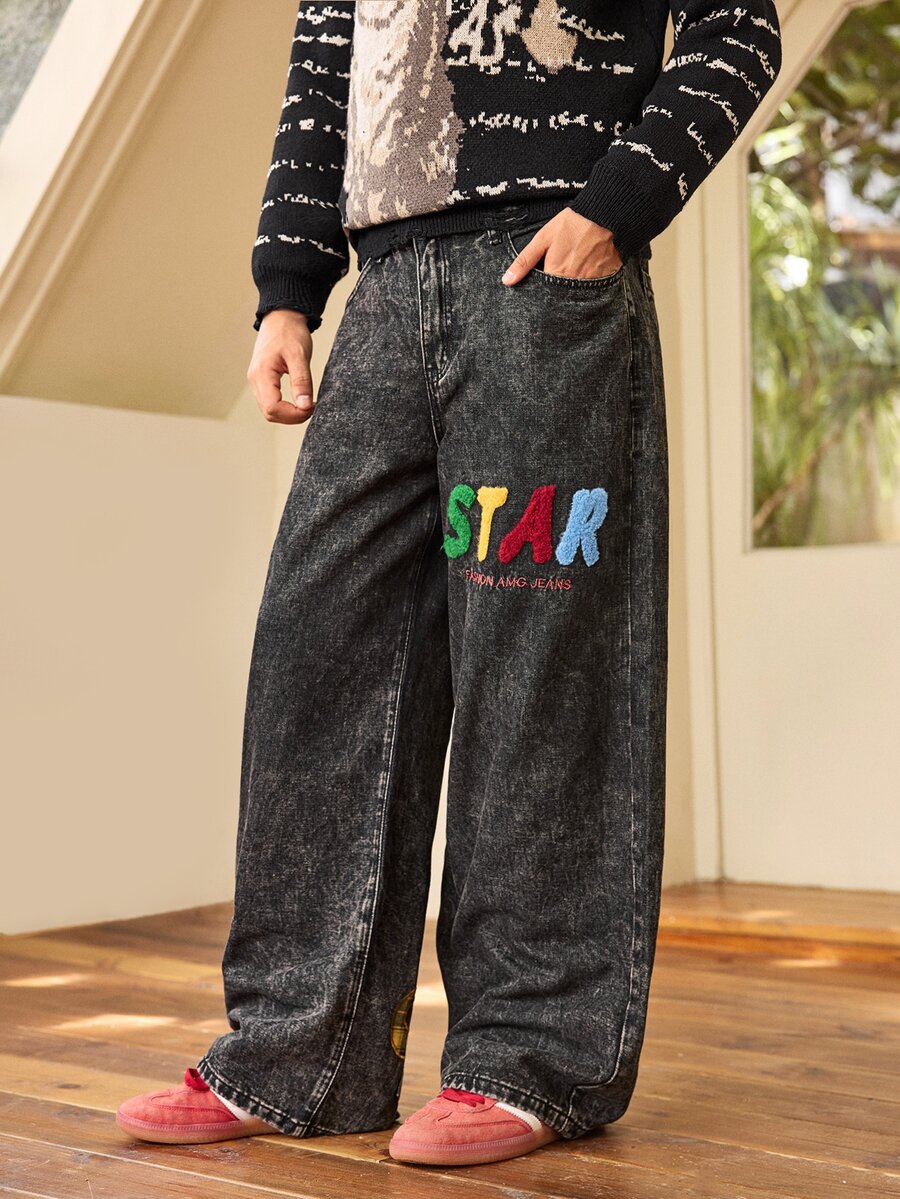 Whitmere American Street Style Men Jeans, Back Pocket Embroidery Vintage Multi-Pocket Loose Wide Leg Pants, All Season Wear (No Belt & Accessories) - Grey - View 1