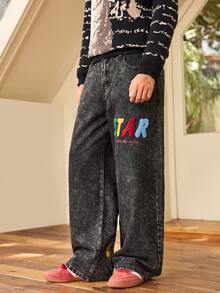 Whitmere American Street Style Men Jeans, Back Pocket Embroidery Vintage Multi-Pocket Loose Wide Leg Pants, All Season Wear (No Belt & Accessories) - Grey - View 6