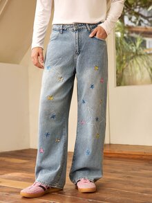 Whitmere Hearty Haven 1件裝男士美式街頭風刺繡個性化寬腿牛仔褲，高街水洗百搭四季舒適休閒學院風丹寧長褲，附尺寸表 - 藍色 - 查看 4
