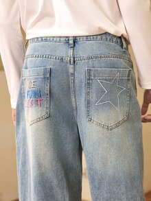 Whitmere Hearty Haven 1件裝男士美式街頭風刺繡個性化寬腿牛仔褲，高街水洗百搭四季舒適休閒學院風丹寧長褲，附尺寸表 - 藍色 - 查看 6