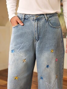 Whitmere Hearty Haven 1件裝男士美式街頭風刺繡個性化寬腿牛仔褲，高街水洗百搭四季舒適休閒學院風丹寧長褲，附尺寸表 - 藍色 - 查看 7