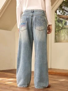 Whitmere Hearty Haven 1件裝男士美式街頭風刺繡個性化寬腿牛仔褲，高街水洗百搭四季舒適休閒學院風丹寧長褲，附尺寸表 - 藍色 - 查看 2
