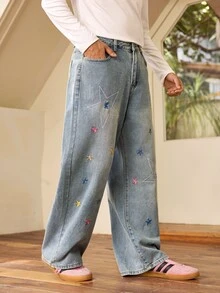 Whitmere Hearty Haven 1件裝男士美式街頭風刺繡個性化寬腿牛仔褲，高街水洗百搭四季舒適休閒學院風丹寧長褲，附尺寸表 - 藍色 - 查看 5