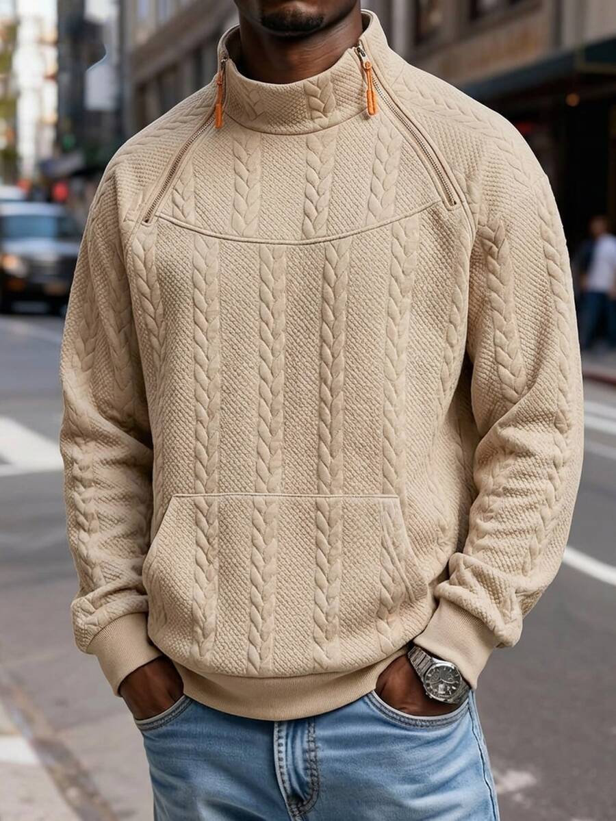 Manfinity Homme Men's Solid Color Zip Design Small Stand Collar Kangaroo Pocket Casual Daily Versatile Pullover Sweatshirt - Khaki - View 1