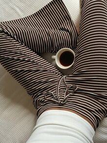 CovetEZ 女款休閒棕色格紋長褲 2 件套居家服秋季居家服飾 - 棕色 - 查看 3