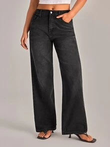 YARNWELL Celana Jeans Denim Kasual Longgar dengan Kancing dan Kantong untuk Wanita - Medium Wash - View 1