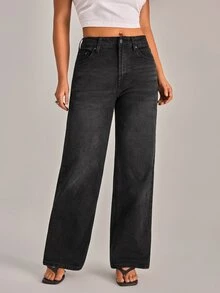 YARNWELL Celana Jeans Denim Kasual Longgar dengan Kancing dan Kantong untuk Wanita - Medium Wash - View 2