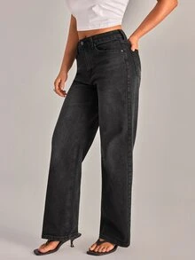 YARNWELL Celana Jeans Denim Kasual Longgar dengan Kancing dan Kantong untuk Wanita - Medium Wash - View 4