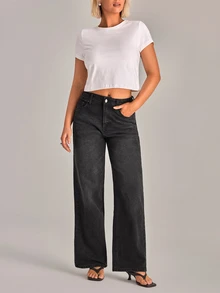 YARNWELL Celana Jeans Denim Kasual Longgar dengan Kancing dan Kantong untuk Wanita - Medium Wash - View 3