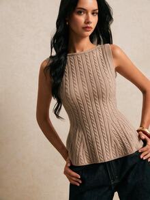 Poéselle Women's Taupe Cable-Knit Sweater Vest–Sleeveless Crew-Neck Fitted Peplum Top With Flared Hem Fall/Winter Casual Blouses Brown Sweater Vest Peplum Tops - Yellow - View 2