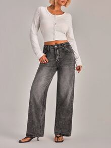 YARNWELL Women's Straight Leg Loose Casual Versatile Denim Jeans With Pockets - Light Wash - View 6