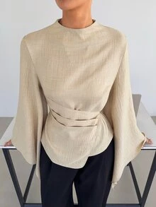 Siren Gaze Women's Elegant High Neck Batwing Sleeve Wrap Waist Belt Ruffle Hem Asymmetrical Blouse, Commuter Date Night Bell Sleeve Blouse Autumn/Winter - Apricot - View 8