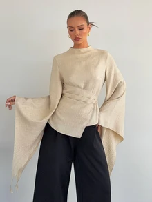 Siren Gaze Women's Elegant High Neck Batwing Sleeve Wrap Waist Belt Ruffle Hem Asymmetrical Blouse, Commuter Date Night Bell Sleeve Blouse Autumn/Winter - Apricot - View 6