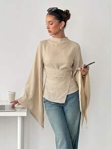 Siren Gaze Women's Elegant High Neck Batwing Sleeve Wrap Waist Belt Ruffle Hem Asymmetrical Blouse, Commuter Date Night Bell Sleeve Blouse Autumn/Winter - Apricot - View 7
