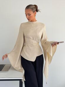 Siren Gaze Women's Elegant High Neck Batwing Sleeve Wrap Waist Belt Ruffle Hem Asymmetrical Blouse, Commuter Date Night Bell Sleeve Blouse Autumn/Winter - Apricot - View 2