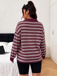 SHEIN EZwear Kaos Wanita Ukuran Besar Lengan Panjang Berkerah Motif Garis-garis Warna Burgundy - Burgundy - View 2