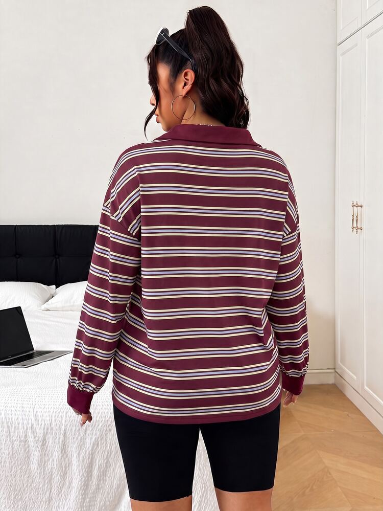 SHEIN EZwear 大尺碼女款領口長袖條紋圖案酒紅色T恤 - 酒紅色 - 查看 2