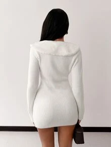 SHEIN Unity 人造毛領 V 領修身抓皺不對稱長袖緊身洋裝 白色 秋季休閒性感優雅 約會早午餐外出日常穿搭 - 白色 - 查看 2