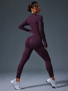 Eassivo Eassivo Women's Ribbed Zipper Long Sleeve Jumpsuit - Purple - View 7