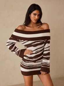 Glamine Zebra Stripe White And Brown Zebra Print Cold Shoulder Fitted Long Sleeve Dress Party Going Out Night Out Fall Sexy - Coffee Brown - View 5