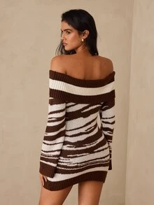 Glamine Zebra Stripe White And Brown Zebra Print Cold Shoulder Fitted Long Sleeve Dress Party Going Out Night Out Fall Sexy - Coffee Brown - View 2
