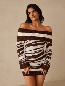 Glamine Zebra Stripe White And Brown Zebra Print Cold Shoulder Fitted Long Sleeve Dress Party Going Out Night Out Fall Sexy - Coffee Brown - View 4