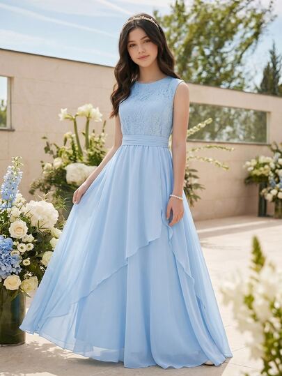 Elegant Teal Blue Summer Sleeveless Lace Chiffon Dress, Formal Dinner Graduation College Prom Bridesmaid For Teens And Tweens, Wedding Party Gown