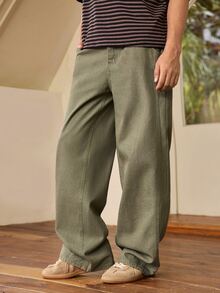 Whitmere 1pc Retro American Style Men's Loose Fit Wide Leg Brown Jeans, Cartoon Elephant Embroidery, Unisex (Belt And Accessories Not Included) - Army Green - View 2