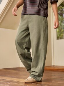 Whitmere 1pc Retro American Style Men's Loose Fit Wide Leg Brown Jeans, Cartoon Elephant Embroidery, Unisex (Belt And Accessories Not Included) - Army Green - View 6