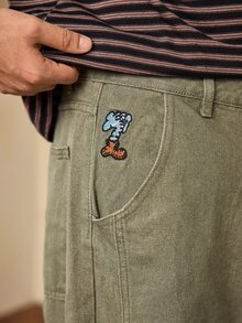 Whitmere 1pc Retro American Style Men's Loose Fit Wide Leg Brown Jeans, Cartoon Elephant Embroidery, Unisex (Belt And Accessories Not Included) - Army Green - View 8