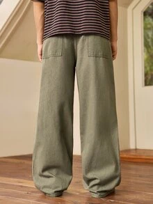 Whitmere 1pc Retro American Style Men's Loose Fit Wide Leg Brown Jeans, Cartoon Elephant Embroidery, Unisex (Belt And Accessories Not Included) - Army Green - View 3