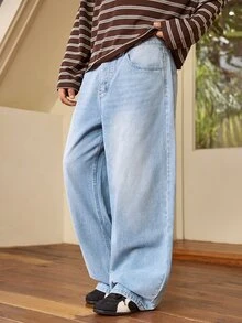 Whitmere HEHCN Men's Loose Fit Vintage Washed Light Blue Jeans, American Casual Street Style Baggy Wide Leg Denim Pants - Medium Wash - View 1