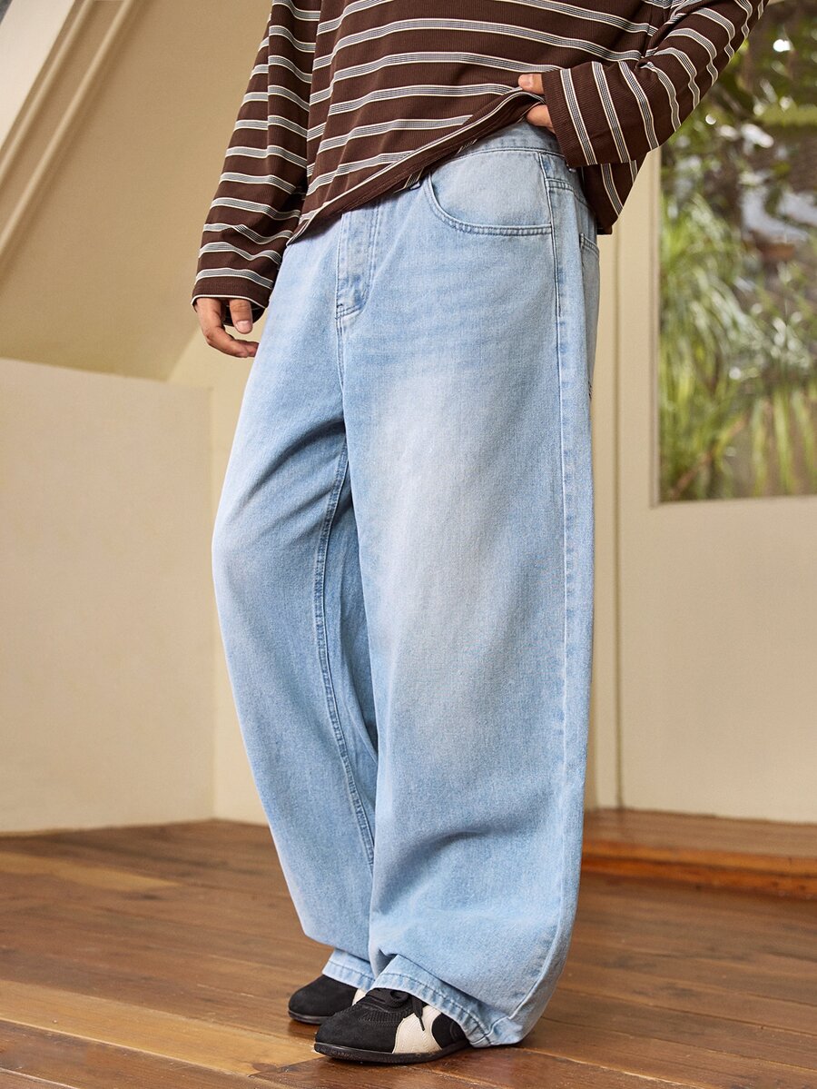 Whitmere HEHCN Men's Loose Fit Vintage Washed Light Blue Jeans, American Casual Street Style Baggy Wide Leg Denim Pants - Medium Wash - View 1