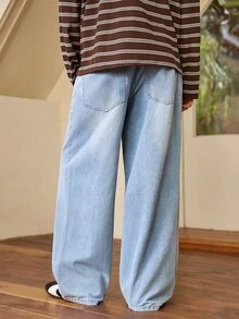 Whitmere HEHCN Men's Loose Fit Vintage Washed Light Blue Jeans, American Casual Street Style Baggy Wide Leg Denim Pants - Medium Wash - View 2