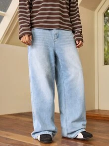 Whitmere HEHCN Men's Loose Fit Vintage Washed Light Blue Jeans, American Casual Street Style Baggy Wide Leg Denim Pants - Medium Wash - View 6