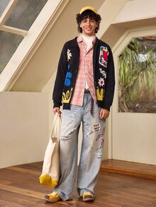 Whitmere ANDREILEE Men's Casual Loose Solid Color Cardigan Sweater, Featuring Heart, Wave, Letter Graphic, V-Neck, Button Front, Long Sleeve, Knit Top For Autumn & Winter - Black - View 3