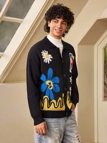 Whitmere ANDREILEE Men's Casual Loose Solid Color Cardigan Sweater, Featuring Heart, Wave, Letter Graphic, V-Neck, Button Front, Long Sleeve, Knit Top For Autumn & Winter - Black - View 6