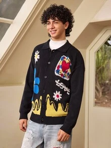 Whitmere ANDREILEE Men's Casual Loose Solid Color Cardigan Sweater, Featuring Heart, Wave, Letter Graphic, V-Neck, Button Front, Long Sleeve, Knit Top For Autumn & Winter - Black - View 5