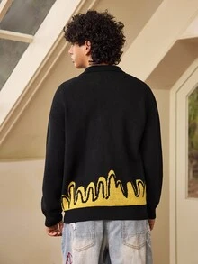 Whitmere ANDREILEE Men's Casual Loose Solid Color Cardigan Sweater, Featuring Heart, Wave, Letter Graphic, V-Neck, Button Front, Long Sleeve, Knit Top For Autumn & Winter - Black - View 2
