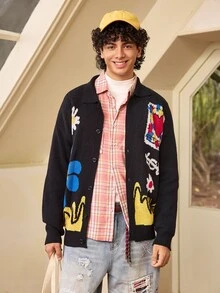 Whitmere ANDREILEE Men's Casual Loose Solid Color Cardigan Sweater, Featuring Heart, Wave, Letter Graphic, V-Neck, Button Front, Long Sleeve, Knit Top For Autumn & Winter - Black - View 1